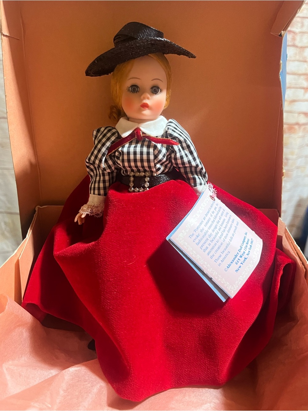 Madame Alexander Doll in Red Velvet Skirt with Black Gingham Bodice